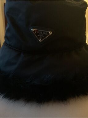 Prada Black Nylon Bucket Hat with Fur Trim and Logo Plaque